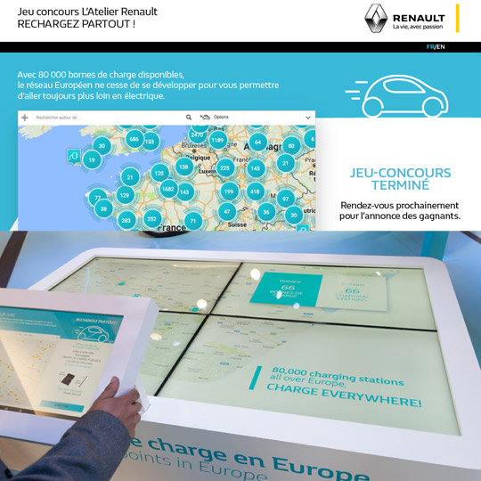 interactive map, tablet, and giant screen of the Zoé charging station app