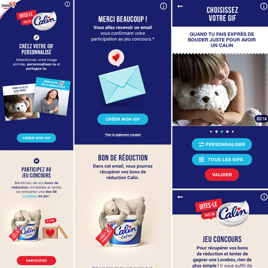 three pages of the mobile version of Calin de Yoplait website