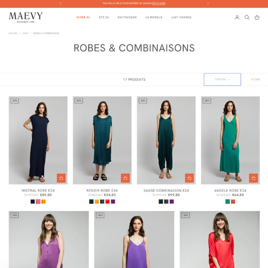 category page of Maevy website