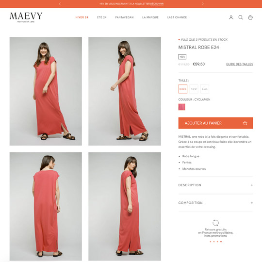 product page of Maevy website