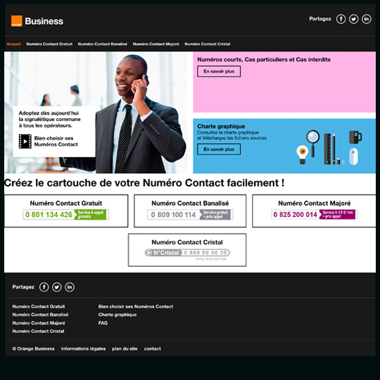 page d'accueil de l'application web Orange Business - Numéros contact