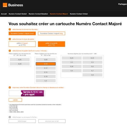 page de création de l'application web Orange Business - Numéros contact